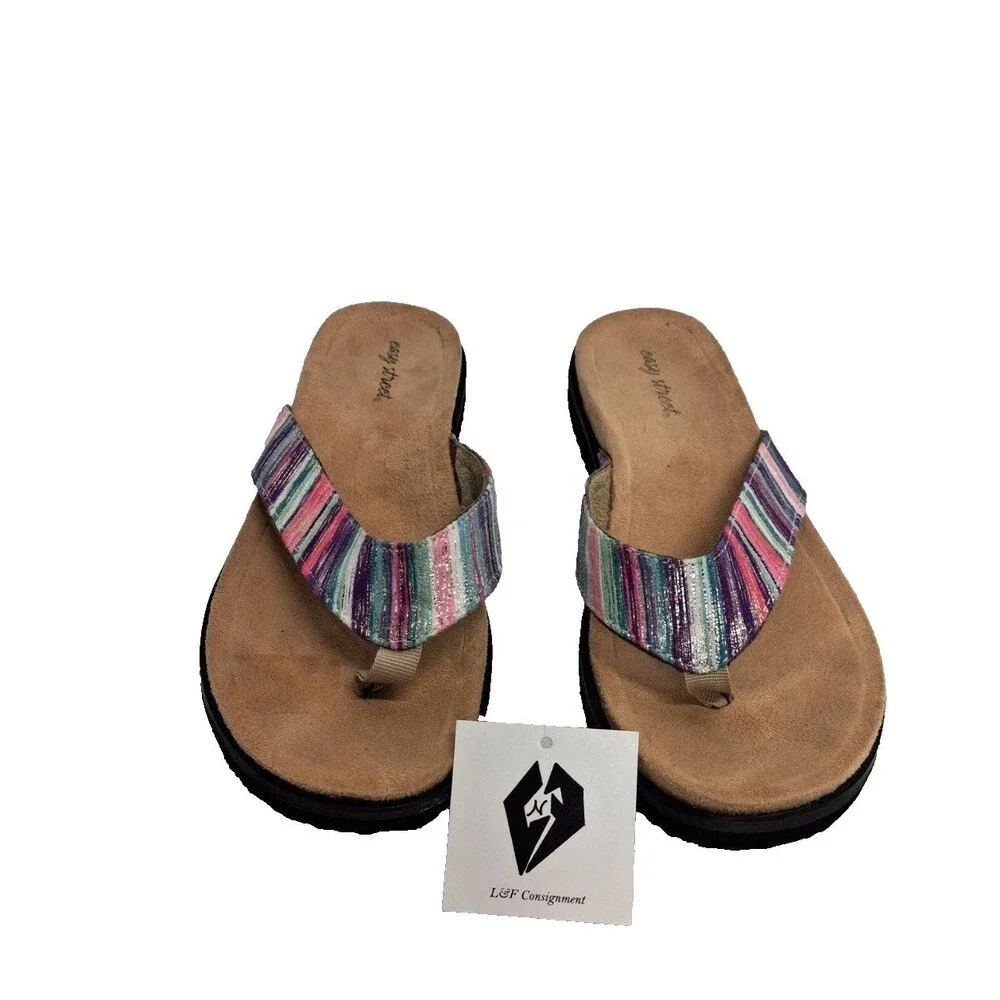 Easy Street Women's Stevie Comfort Multi-Color Metallic Stripes Flip Flops 7.5 W